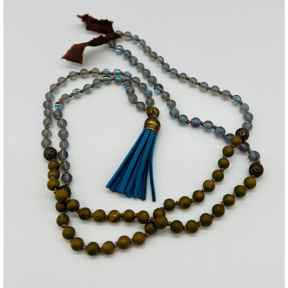 Hand Knotted Mala Necklace 108‎ Beads Blue Quartz Druzy Tassel